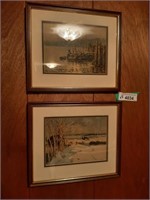 2 vintage watercolor paintings with wooden frame