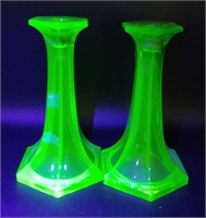 Uranium Depression Glass Candlesticks, 7.5"