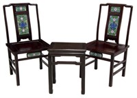 CHINESE CLOISONNE PANELED CHAIRS & SIDE TABLE