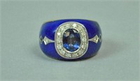 18K BLUE SAPPHIRE, DIAMOND & ENAMEL RING