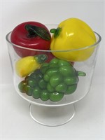 Blown Glass Fruit in Trifle Bowl, bowl has some