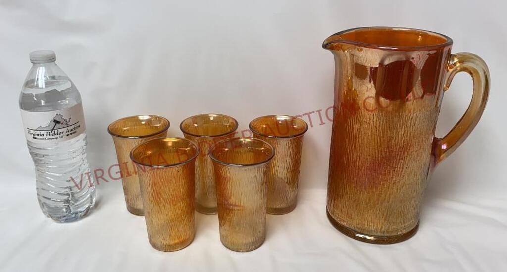 1930s Jeannette Carnival Glass Pitcher & Tumblers
