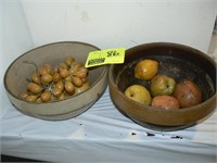 2 STONEWARE BOWLS WITH FAKE FRUIT (BOWLS HAVE