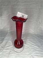 Art glass red hand blown crackle glass bud vase