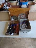 Misc kitchen knives, utensils, cake pans