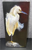 Snow Egret on Canvas Picture Signed, Height 32”