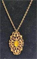 VTG Bronze Tone Ornate Filigree & Amber Rhinestone