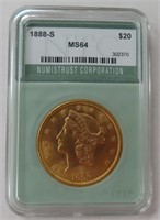 1888-S $20 Gold Double Eagle NTC Graded MS64