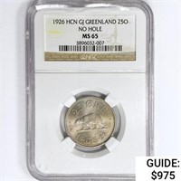 1926 HCN GJ 25O Greenland NGC MS65 No Hole