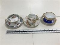 3 porcelain teacups, one Japanese with lithopane