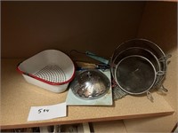 LOT OF STRAINERS, STRAINER BASKETS AND MORE