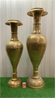 2 X TALL INDIAN BRASS INTRICATLEY DETAILED VASES