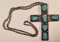 Turquoise Cross Necklace marked "JC"