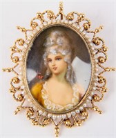 Gold 14K Brooch Miniature Lady Portrait Painting