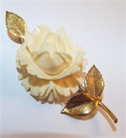 14k Gold And Floral Bone Carved Pin