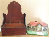 Antique Wood Box Shelf & Cottage Clock