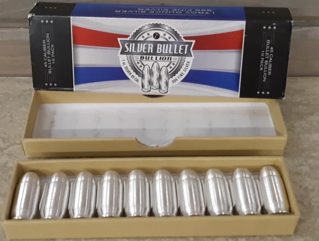 10 Silver 1 OZ Bullets 45 Cal. in Box - NO TAX