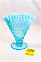 Fenton Blue Opalescent 6 Inch Hobnail Fan Vase