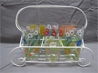 6 Vintage Glass Flower Set W/Metal Wire Carrier