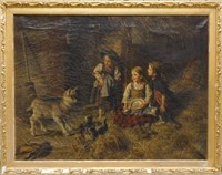 19th C. Oil on Canvas of Children with Kittens