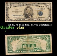 1953A $5 Blue Seal Silver Certificate Grades vf+