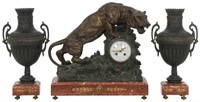 3 Pcs. Figural Tiger Mantle Clock Set