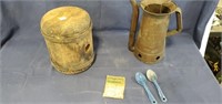 Wooden Malt Head, Vintage Huffman Oil Can, Metal