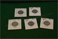 (5) unc Jefferson Nickels 4-1938d, 1-1938s