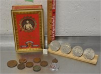 Vintage tin, Royals coins, pin, see pics