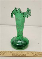 Hand Blown Green Ruffled Vase w Hand Painted