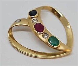 14KT Gold Diamond, Ruby, Sapphire &Emerald Pendant