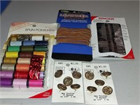Sewing Lot Thread Leather cord Needles Buttons