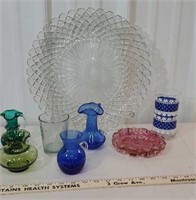 Box of glassware - blue pitchers, platter, etc