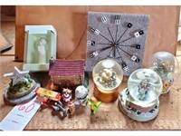 (3) Snow globes, clock, trinkets and angel