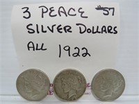 3 Peace Silver Dollars- All 1922