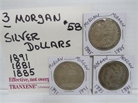 3 Morgan Silver Dollars 1891,1881,1885
