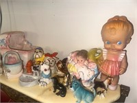 Vintage dog figurines, baby planters, squeaky toy