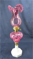 "Fenton" Cranberry Opalescent Oil Lamp with..