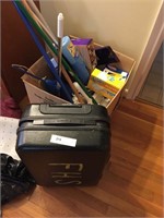 Large Box of Cleaning Supplies and Carry-On Bag