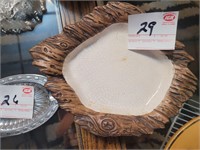 2 Ceramic Ashtray Coin Trays w Wooden Edge design