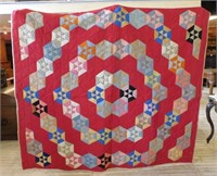Vintage Hand Pieced and Quilted Red Block Quilt.