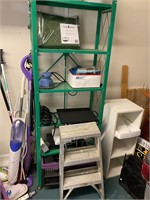 Metal rack with contents and ladder