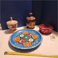 Vintage Wood Hand Painted Plate, Goblet, Trinket