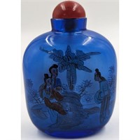 Large Chinese Reverse Painted Blue Glass Snuff Bo