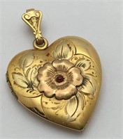 12k Gold Filled Heart Locket W Red Stone