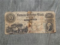 1853 Farmers Exchange Bank $20 Obsolete Currency