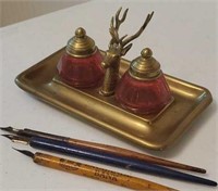 Double elk head inkwell with 3 pens