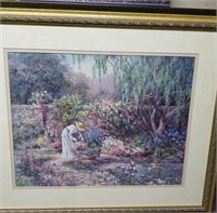 Lady picking flowers - matted and framed