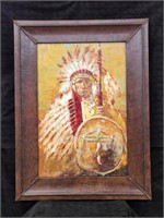 Original Oil Art Leather Frame Indian Chief Dupuis