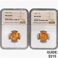 [2] 1951-1952 Wheat Cent NGC MS66 RD